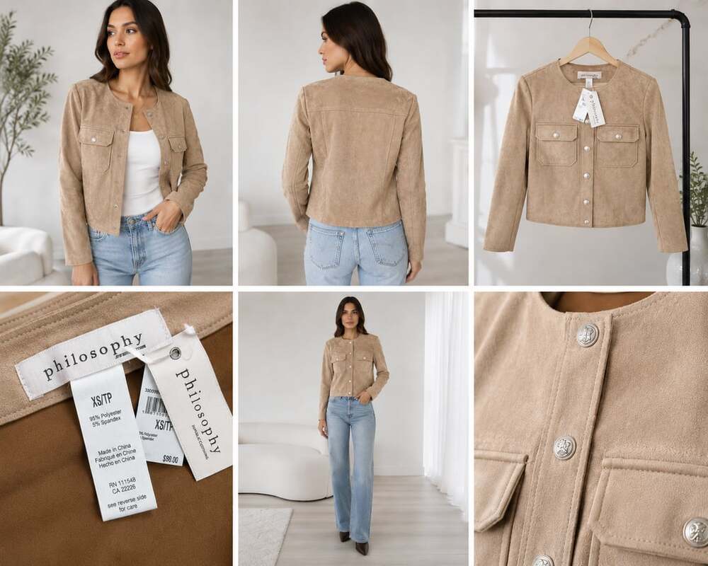Philosophy Tan Suede Collarless Button Jacket
